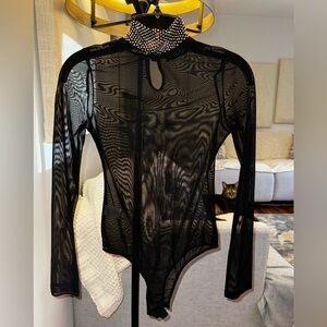 Mesh bodysuit  with rhinestone stones on the neck area